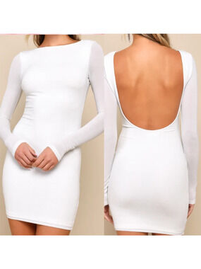 LULU'S M Gift of Love White and Silver Backless Long Sleeve Mini Dress NEW 0B8